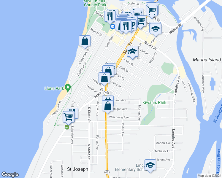 map of restaurants, bars, coffee shops, grocery stores, and more near 723 Hoyt Street in Saint Joseph