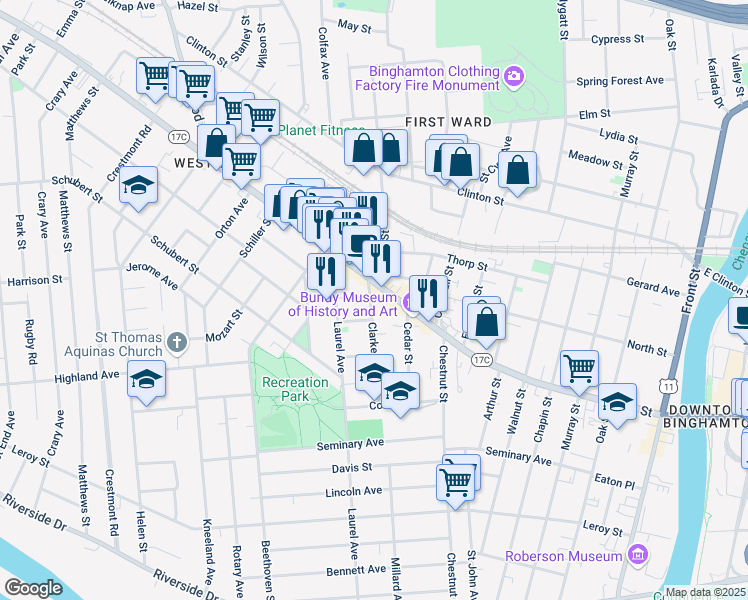 map of restaurants, bars, coffee shops, grocery stores, and more near 48 Clarke Street in Binghamton