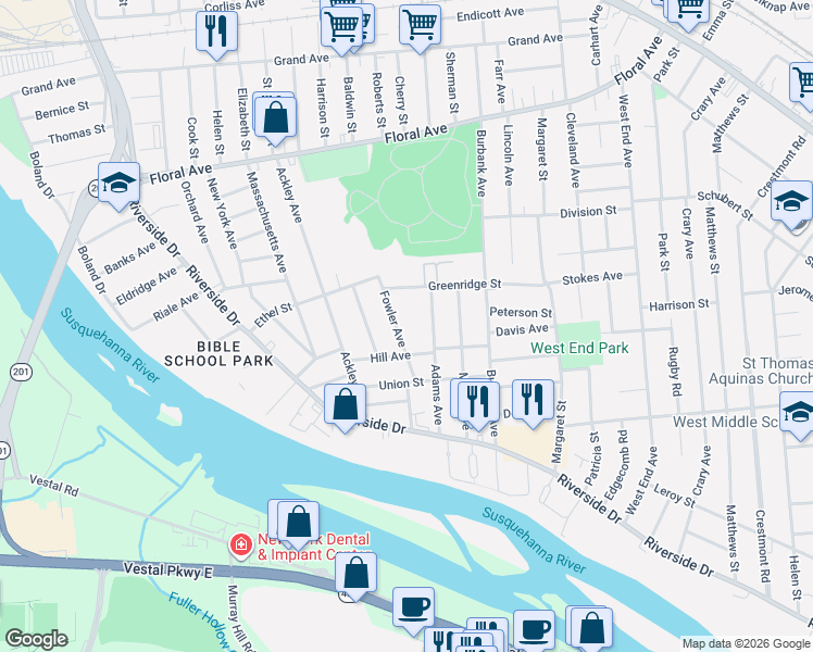 map of restaurants, bars, coffee shops, grocery stores, and more near 56-58 Fowler Ave in Johnson City