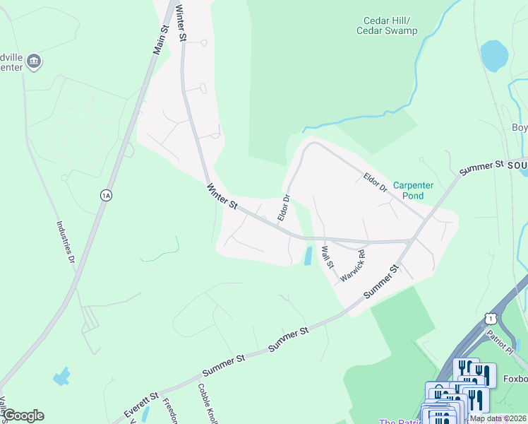 map of restaurants, bars, coffee shops, grocery stores, and more near 166 Winter Street in Walpole