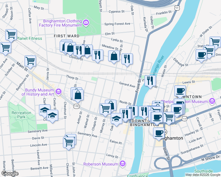 map of restaurants, bars, coffee shops, grocery stores, and more near 172 Chapin Street in Binghamton