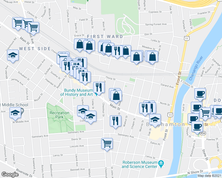 map of restaurants, bars, coffee shops, grocery stores, and more near 19 Edwards Street in Binghamton