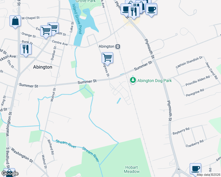 map of restaurants, bars, coffee shops, grocery stores, and more near 9 Woodlands Way in Abington