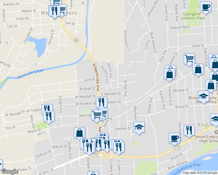 map of restaurants, bars, coffee shops, grocery stores, and more near 116 Carden Street in Endicott