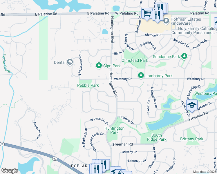 map of restaurants, bars, coffee shops, grocery stores, and more near 1740 Pebblewood Lane in Hoffman Estates