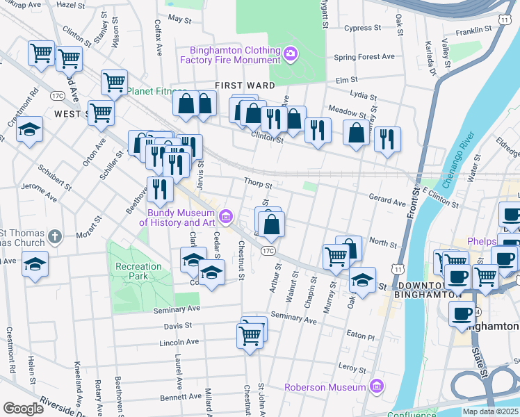 map of restaurants, bars, coffee shops, grocery stores, and more near 14 Edwards Street in Binghamton