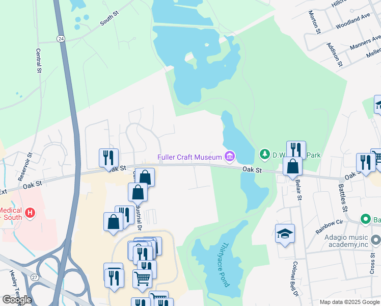 map of restaurants, bars, coffee shops, grocery stores, and more near 457 Oak Street in Brockton