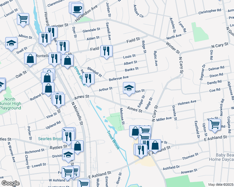 map of restaurants, bars, coffee shops, grocery stores, and more near 18 Sawtell Avenue in Brockton