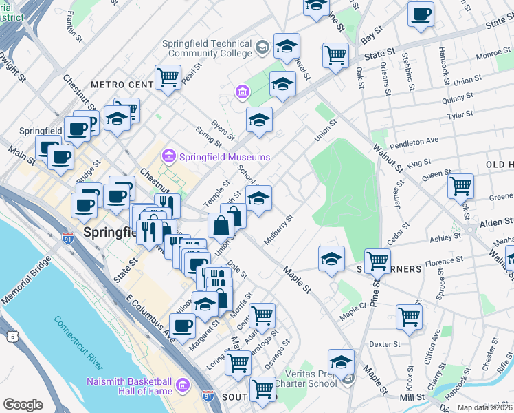map of restaurants, bars, coffee shops, grocery stores, and more near 263 Union Street in Springfield