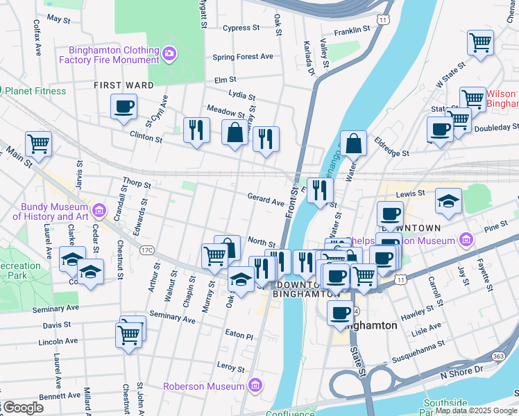 map of restaurants, bars, coffee shops, grocery stores, and more near 152 Oak Street in Binghamton