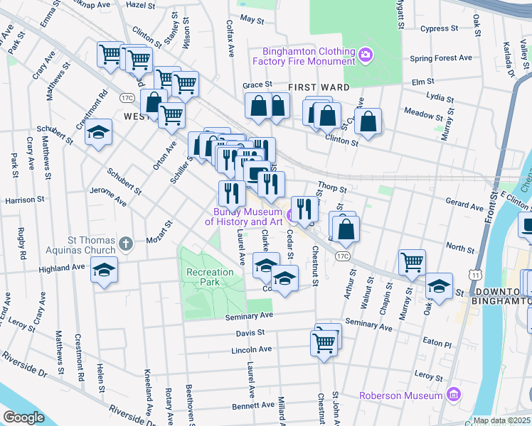 map of restaurants, bars, coffee shops, grocery stores, and more near 42 Clarke Street in Binghamton