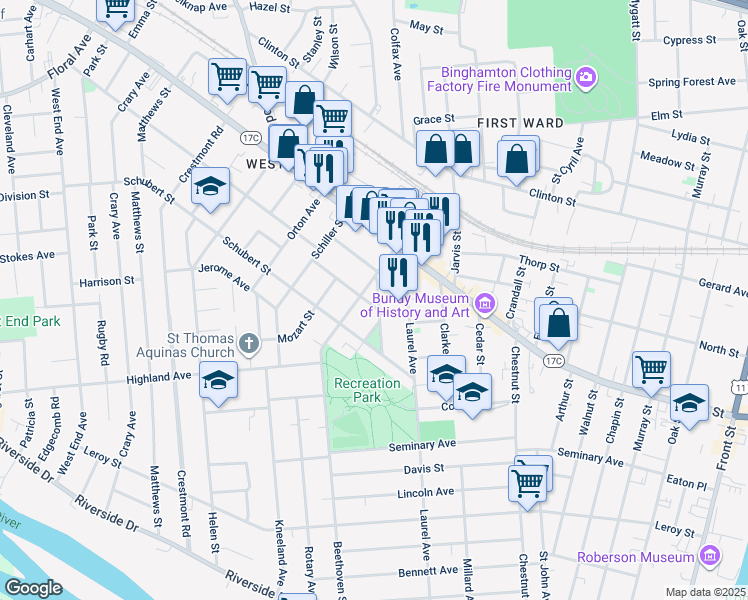 map of restaurants, bars, coffee shops, grocery stores, and more near 13 Haendel Street in Binghamton