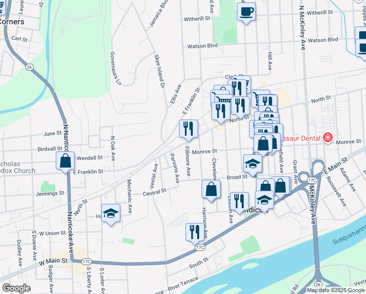 map of restaurants, bars, coffee shops, grocery stores, and more near 1 Parsons Avenue in Endicott