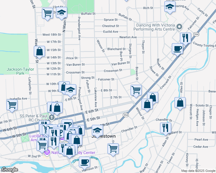 map of restaurants, bars, coffee shops, grocery stores, and more near 414 Lincoln Street in Jamestown