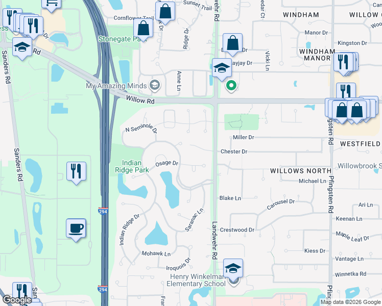 map of restaurants, bars, coffee shops, grocery stores, and more near 2532 Osage Drive in Glenview
