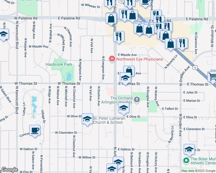 map of restaurants, bars, coffee shops, grocery stores, and more near 1420-1430 North Arlington Heights Road in Arlington Heights