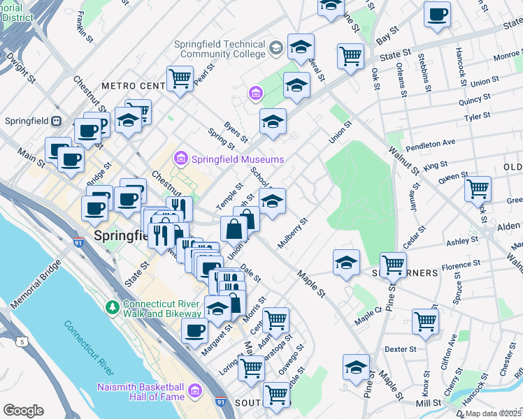 map of restaurants, bars, coffee shops, grocery stores, and more near 252 Union Street in Springfield