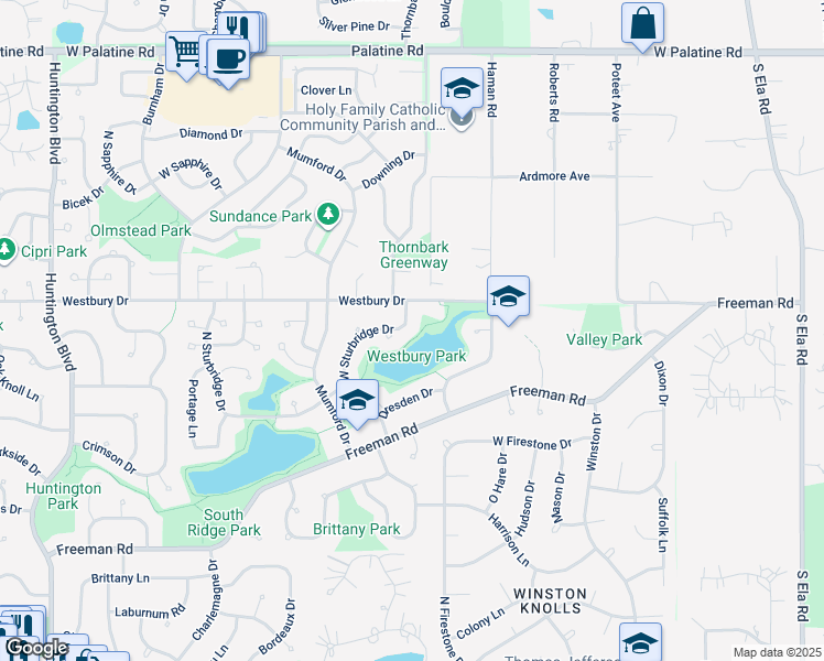 map of restaurants, bars, coffee shops, grocery stores, and more near 1141 West Sturbridge Drive in Hoffman Estates