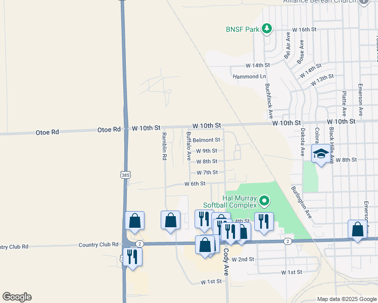 map of restaurants, bars, coffee shops, grocery stores, and more near Buffalo Avenue in Alliance