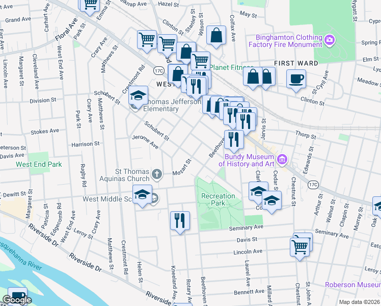 map of restaurants, bars, coffee shops, grocery stores, and more near 13 Mozart Street in Binghamton