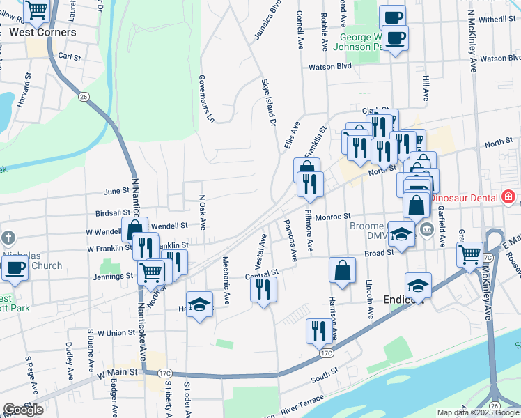 map of restaurants, bars, coffee shops, grocery stores, and more near 513 East Franklin Street in Endicott