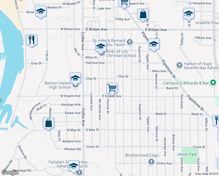 map of restaurants, bars, coffee shops, grocery stores, and more near 853 Pavone Street in Benton Harbor