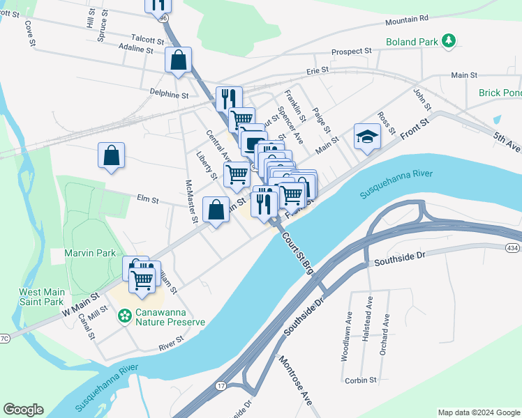 map of restaurants, bars, coffee shops, grocery stores, and more near Park Street in Owego