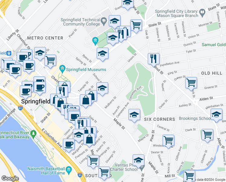 map of restaurants, bars, coffee shops, grocery stores, and more near 111 School Street in Springfield