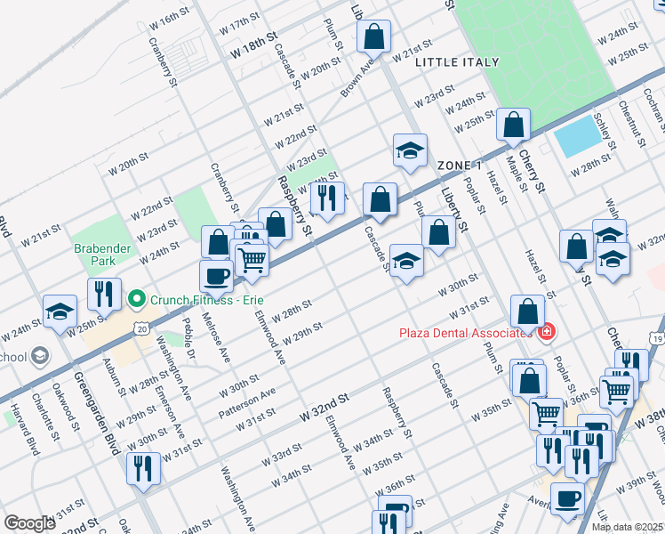 map of restaurants, bars, coffee shops, grocery stores, and more near 2701 Raspberry Street in Erie
