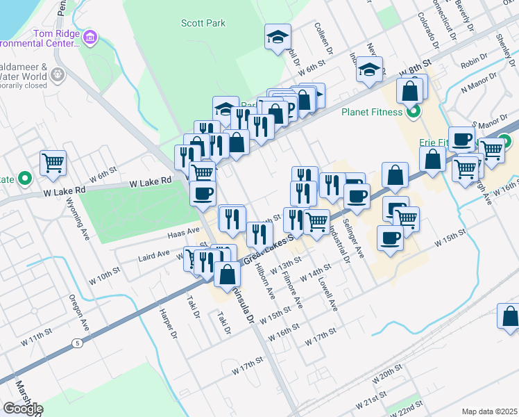 map of restaurants, bars, coffee shops, grocery stores, and more near 1009 Filmore Avenue in Erie