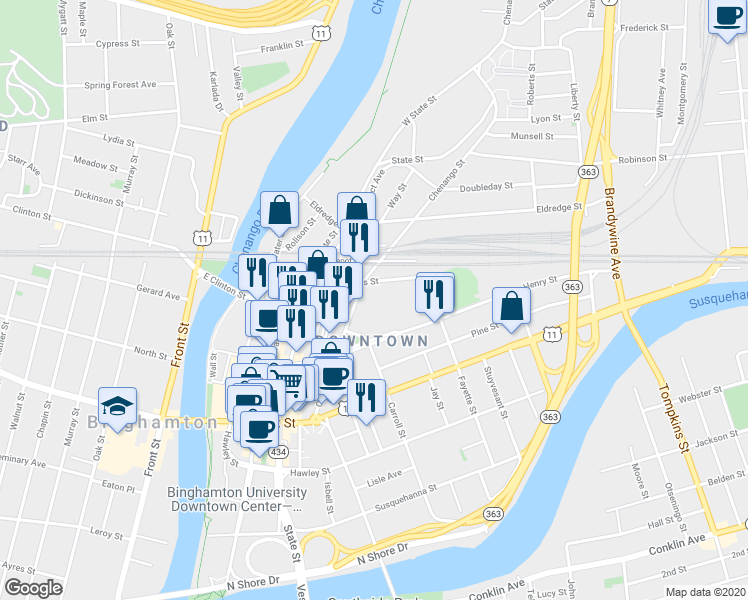 map of restaurants, bars, coffee shops, grocery stores, and more near 60 Henry Street in Binghamton
