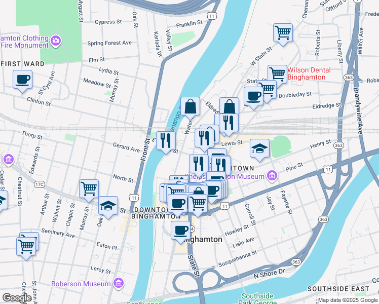 map of restaurants, bars, coffee shops, grocery stores, and more near 257 Washington Street in Binghamton