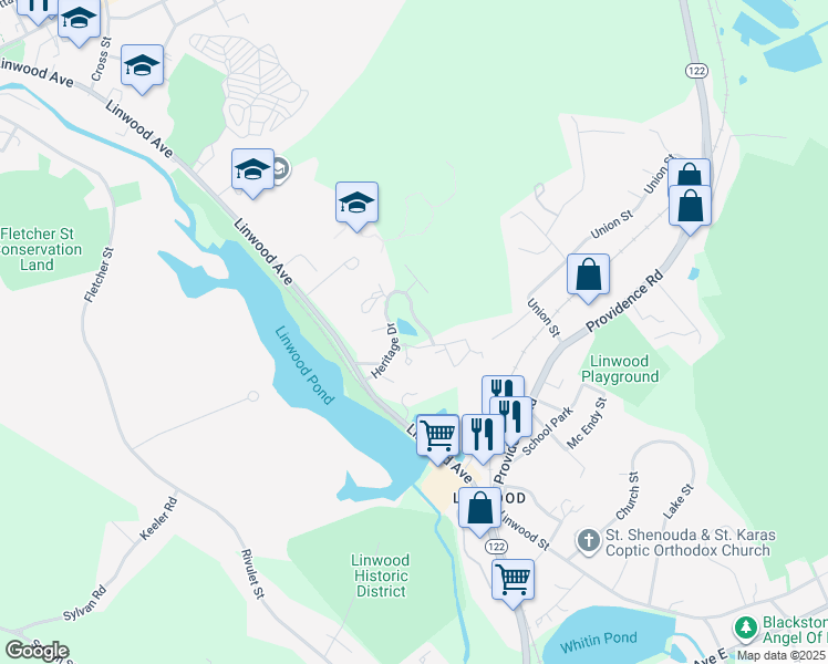 map of restaurants, bars, coffee shops, grocery stores, and more near 217 Heritage Drive in Northbridge