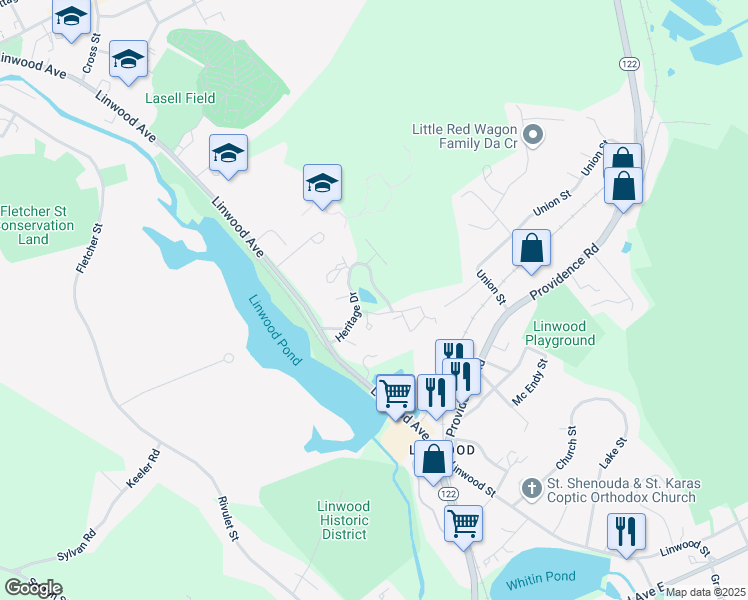 map of restaurants, bars, coffee shops, grocery stores, and more near 217 Heritage Drive in Northbridge