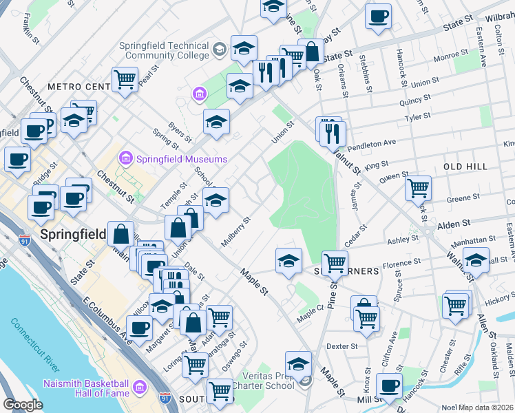 map of restaurants, bars, coffee shops, grocery stores, and more near 67 Mulberry Street in Springfield
