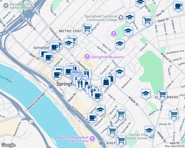 map of restaurants, bars, coffee shops, grocery stores, and more near 175 State Street in Springfield
