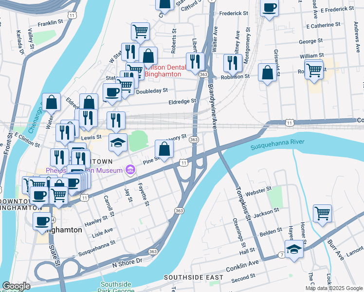 map of restaurants, bars, coffee shops, grocery stores, and more near 78 Pine Street in Binghamton