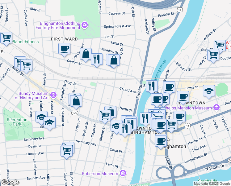 map of restaurants, bars, coffee shops, grocery stores, and more near 141 Oak Street in Binghamton