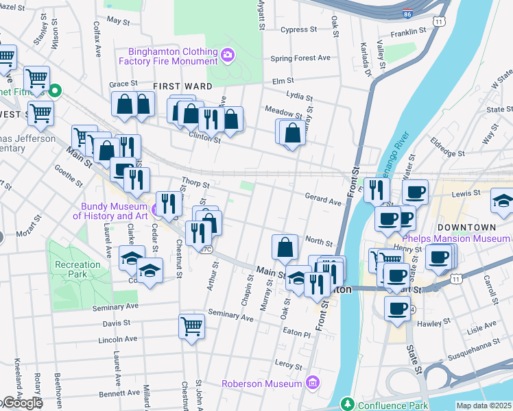 map of restaurants, bars, coffee shops, grocery stores, and more near 102 Walnut Street in Binghamton