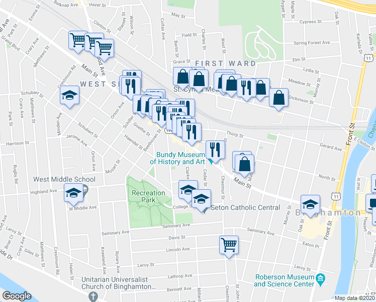 map of restaurants, bars, coffee shops, grocery stores, and more near 42 Clarke Street in Binghamton