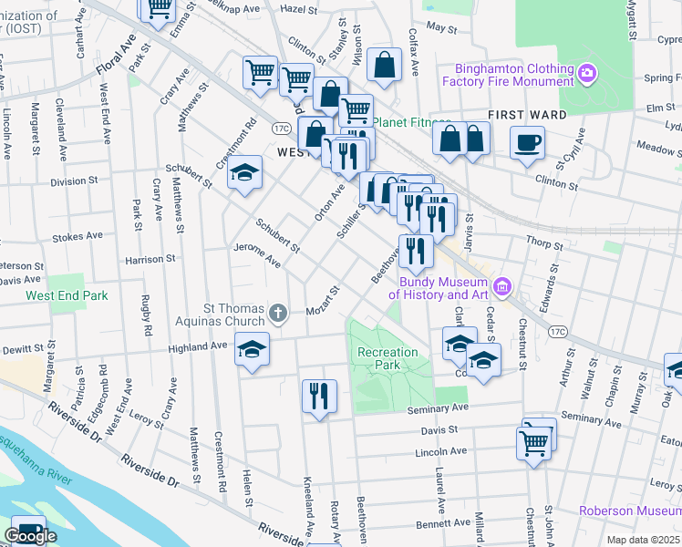 map of restaurants, bars, coffee shops, grocery stores, and more near 17 Mozart Street in Binghamton