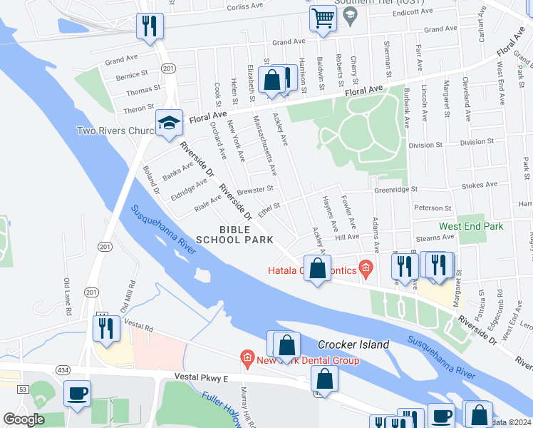 map of restaurants, bars, coffee shops, grocery stores, and more near 62 Burdick Avenue in Johnson City