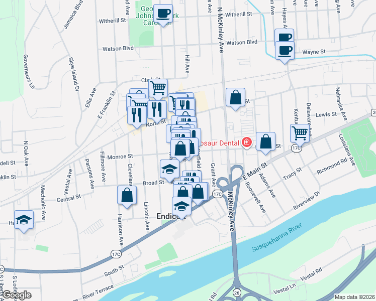 map of restaurants, bars, coffee shops, grocery stores, and more near 110 Washington Avenue in Endicott