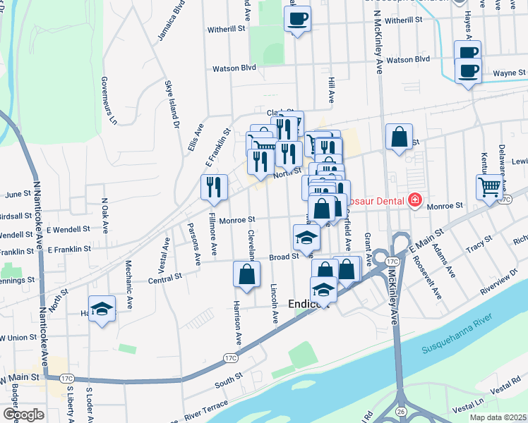 map of restaurants, bars, coffee shops, grocery stores, and more near 103 Lincoln Avenue in Endicott