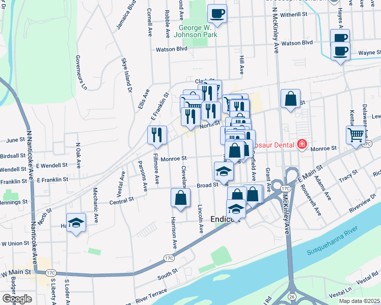 map of restaurants, bars, coffee shops, grocery stores, and more near 100 Cleveland Avenue in Endicott