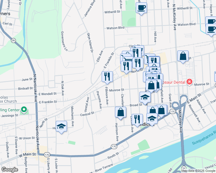 map of restaurants, bars, coffee shops, grocery stores, and more near 706 Monroe Street in Endicott