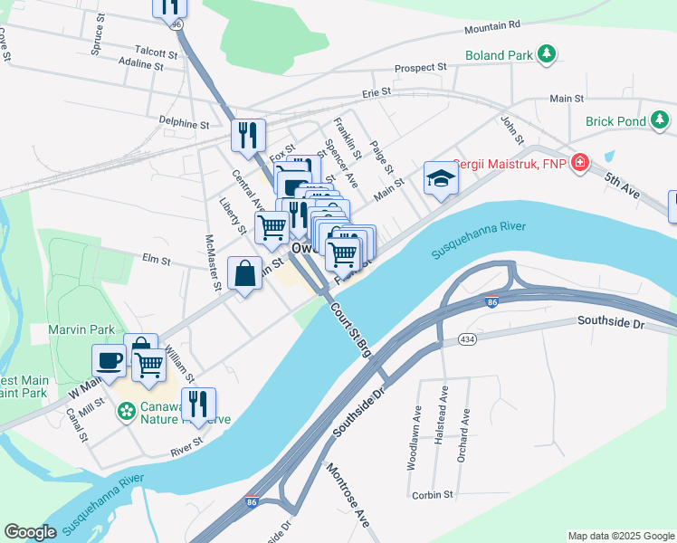 map of restaurants, bars, coffee shops, grocery stores, and more near 174 Front Street in Owego
