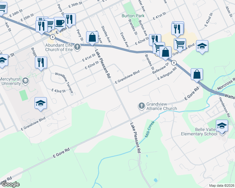 map of restaurants, bars, coffee shops, grocery stores, and more near 4711 Lake Pleasant Road in Erie