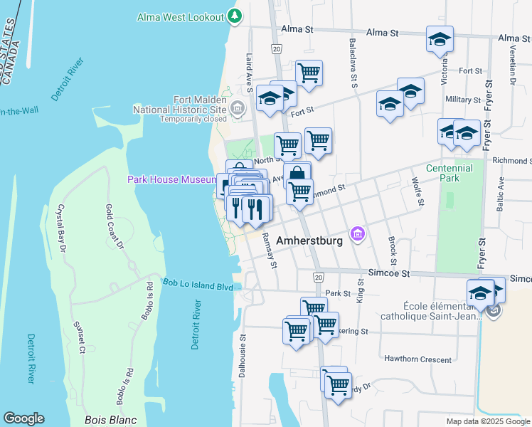 map of restaurants, bars, coffee shops, grocery stores, and more near 64 Murray Street in Amherstburg