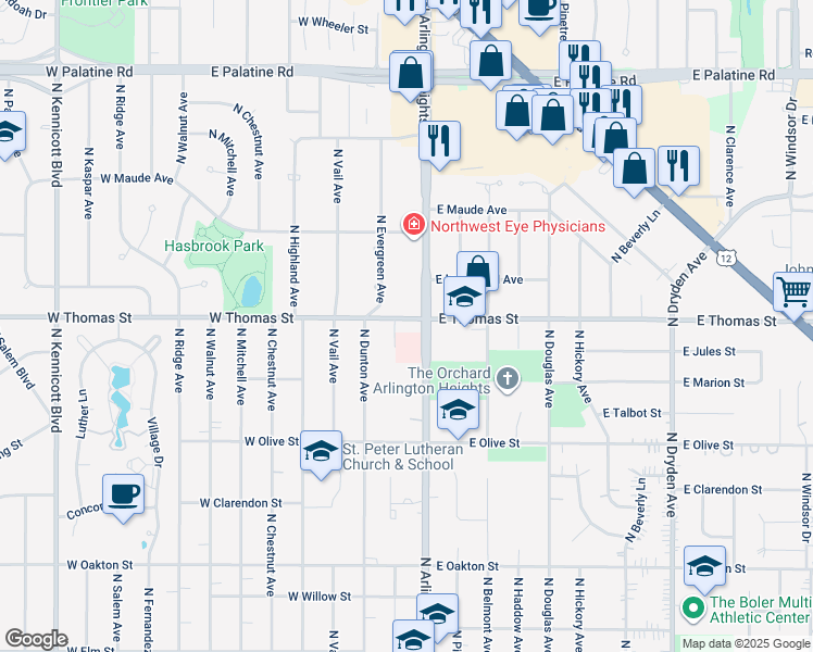 map of restaurants, bars, coffee shops, grocery stores, and more near 1420-1430 North Arlington Heights Road in Arlington Heights